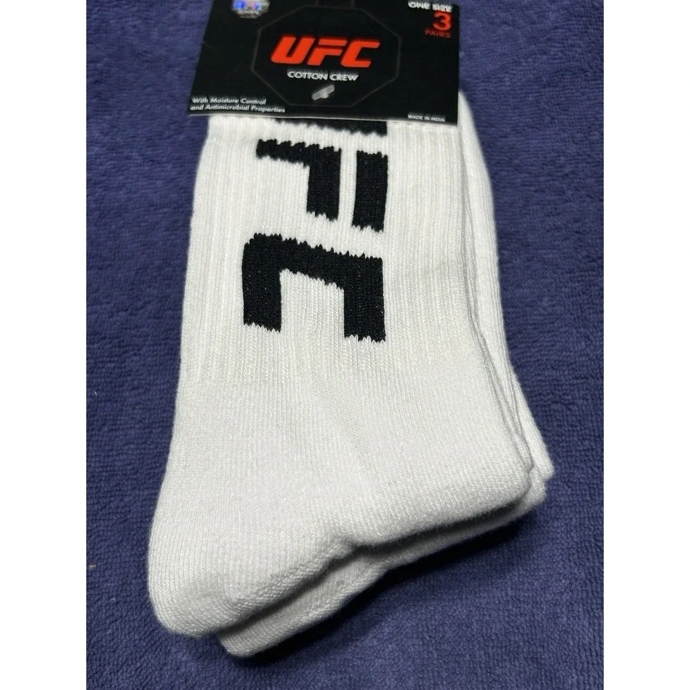 UFC Men's Cotton Crew Socks White & Black 3 Pack One Size New With Packaging